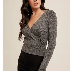 NWT Hem & Thread Grey Ribbed Wrap V-Neck Knit Top sz M